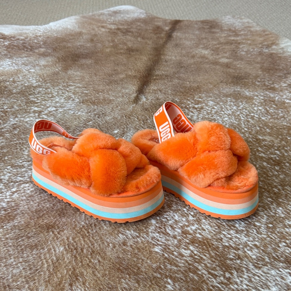 UGG Vibrant Orange Fluffy Platform Sandals